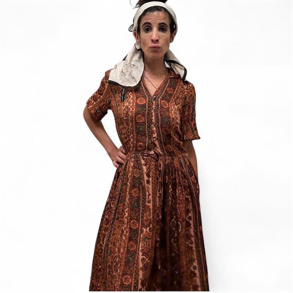Boho‎ Paisley Dress Womens Medium Brown Orange Green Button Front Short Sleeve - Picture 2 of 12